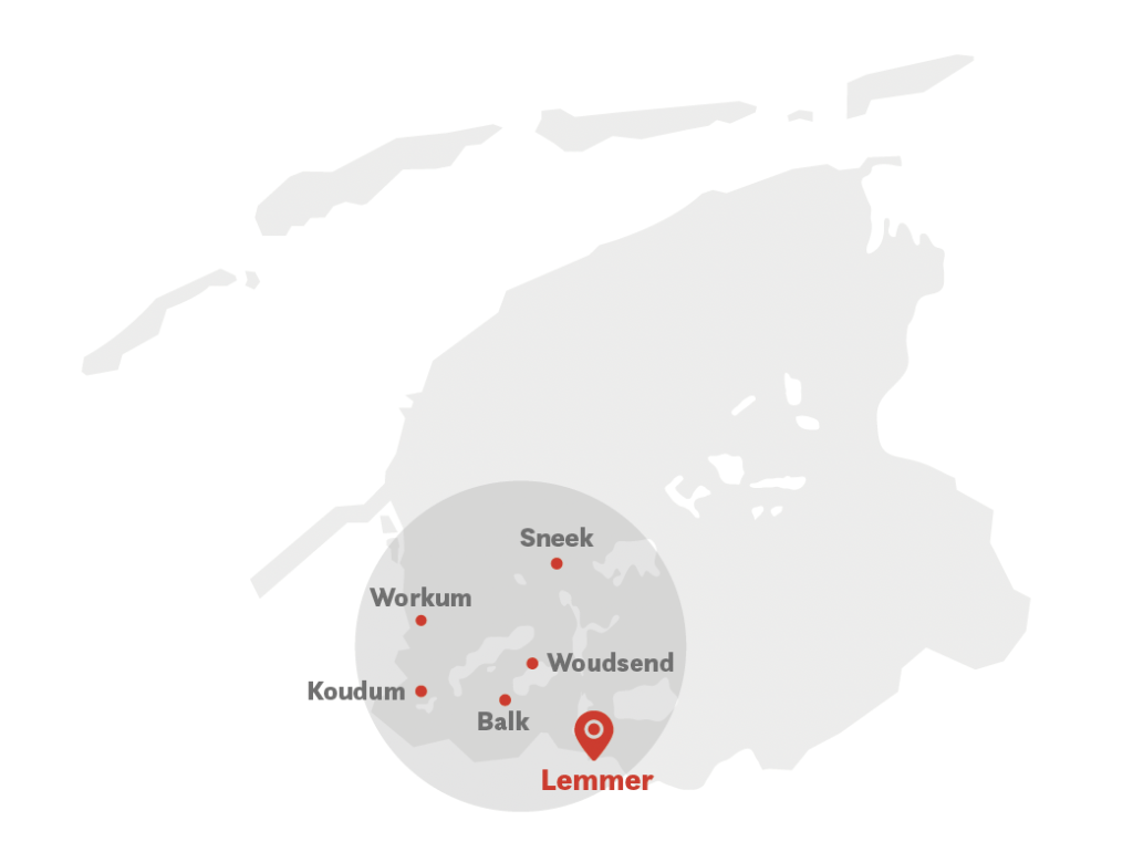 Kaart van Friesland met het werkgebied van Makelaardij van Engelenburg rond Lemmer