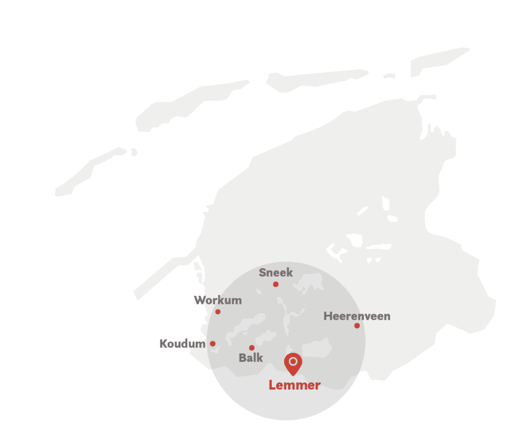 Kaart van Friesland met het werkgebied van Makelaardij van Engelenburg rond Lemmer