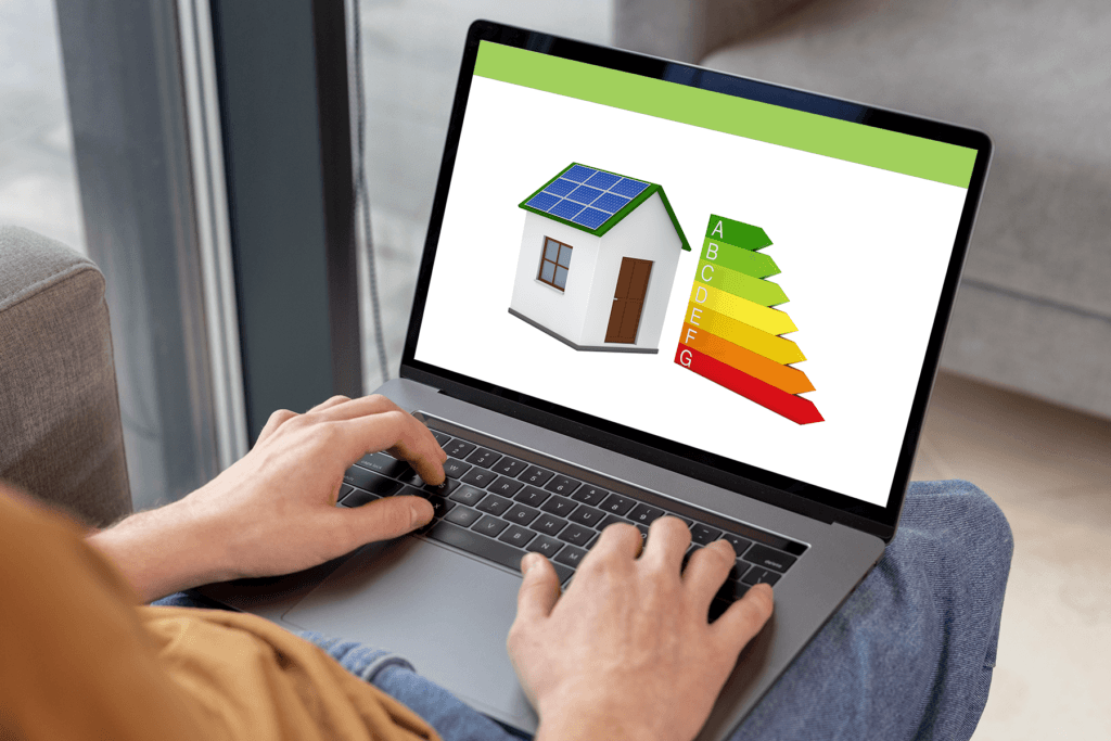 Laptop met de energielabelschaal op het scherm
