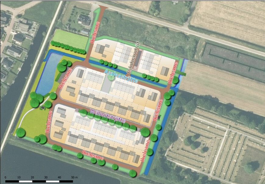 Situatietekening van nieuwbouwproject Buitenkans in Lemmer: acht woningen aan de Eskdoarnhôf in Tramdijk-Oost, fase 3